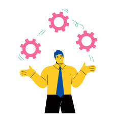 Business man juggling with cog wheels, symbolizing strategic thinking, creativity. Flat vector illustration isolated on white background