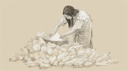 Naklejka premium Biblical Illustration of the Parable of the Leaven: Woman Mixing Yeast into Flour, Beige Background, Copyspace