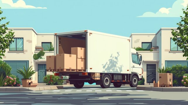 Moving truck filled with cardboard boxes and furniture 