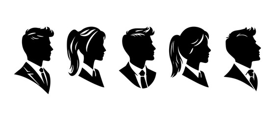 Businessman and businesswoman with suit,  office working male and female avatar. Young girl and boy side view profile silhouette black filled vector Illustration icon.