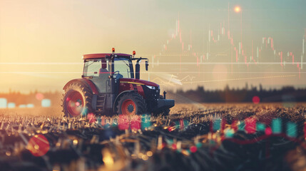 Tractor in field with stock chart overlay.