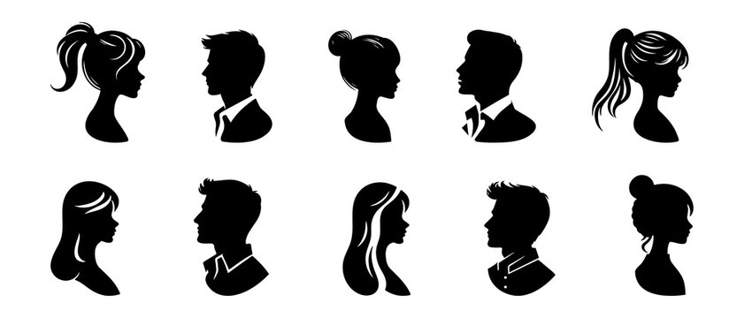 Set man and woman head icon. Male and female hairstyle avatar side view profile silhouette black filled vector Illustration icon.