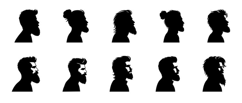Various bearded men. Set of vector hairstyle and bearded hipster man side view profile  silhouette black filled vector Illustration icon.