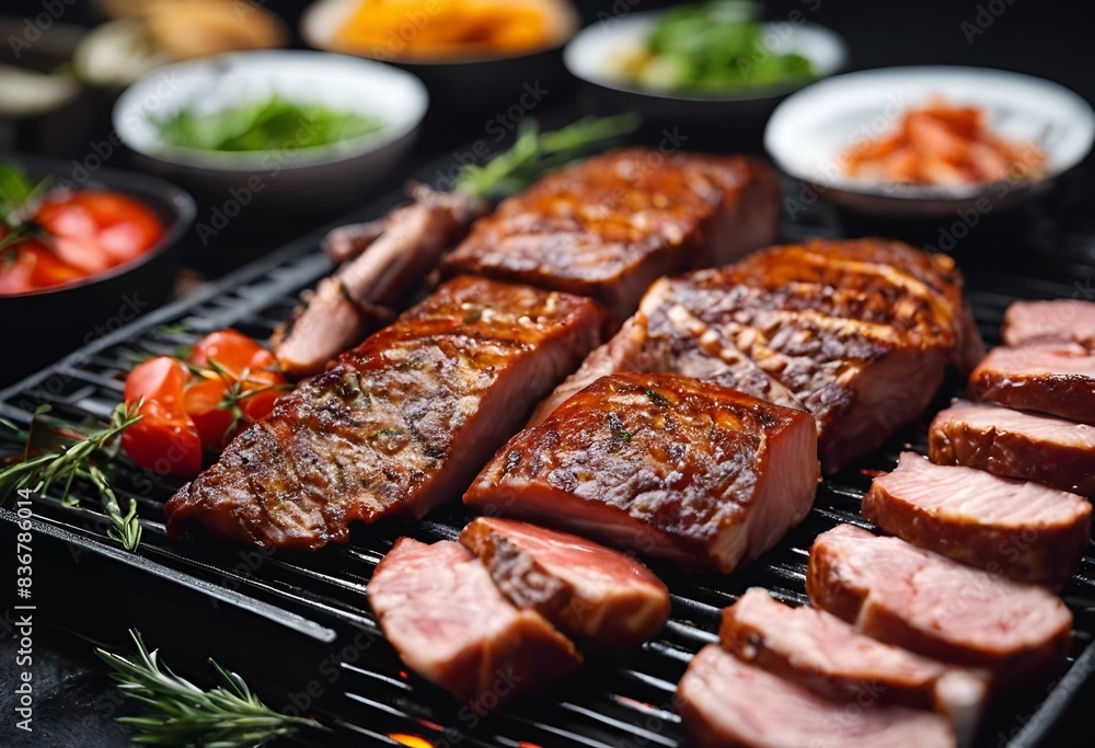 Sticker large steaks are on top of the barbecue grate