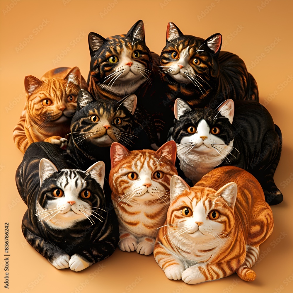 Poster a group of cats are sitting in a circle on a brown surface. the cats are of different colors and siz