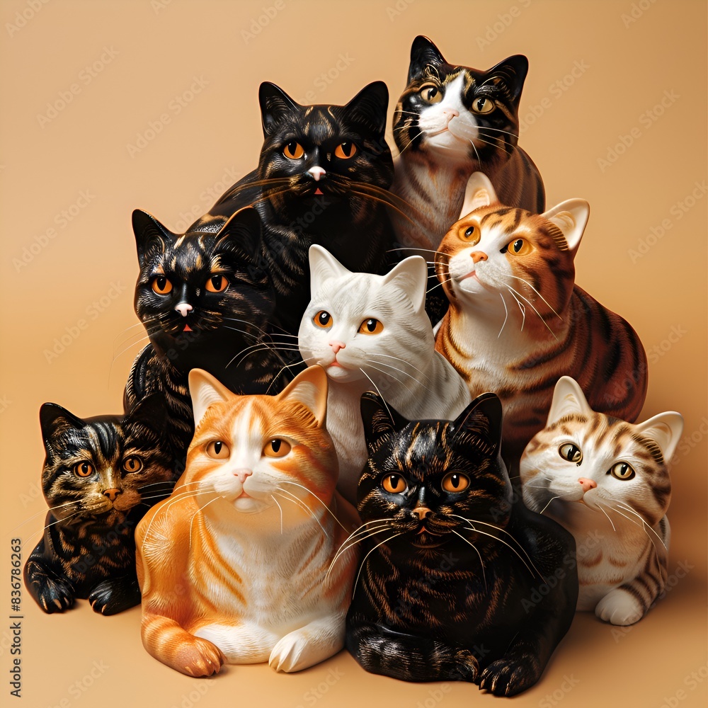 Poster a group of cats are sitting in a circle on a brown surface. the cats are of different colors and siz