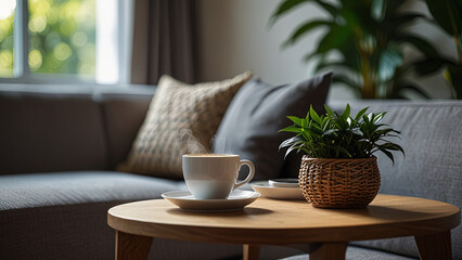 Fototapeta premium Modern cozy interior of living room with close-up a wooden coffee table, a houseplant and a cup of coffee or tea. Blurred background with design sofa, pillows in minimalist stylish home decoration.