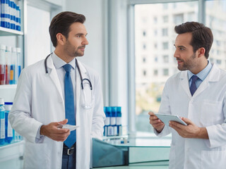 Pharmaceutical sales representative talking with doctor in medical building. Ambitious male sales representative presenting new medication on tablet.