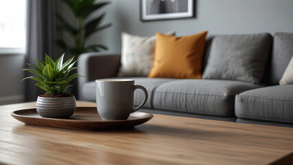 Fototapeta premium Modern cozy interior of living room with close-up a wooden coffee table, a houseplant and a cup of coffee or tea. Blurred background with design sofa, pillows in minimalist stylish home decoration.