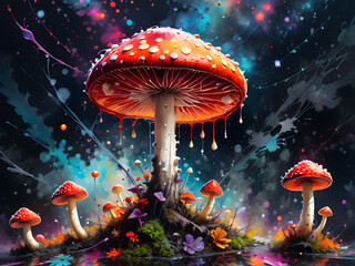 Fototapeta premium Surreal Universe Floating Fly Agaric with Rainbow Paint Explosions
