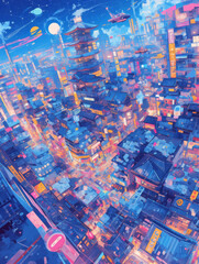 Japanese nostalgic citypop city illustration