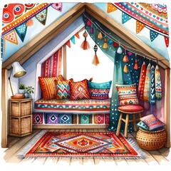 Cozy attic with vibrant bohemian decor, colorful rugs, pillows, and string lights creating a warm, inviting atmosphere.