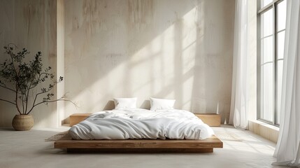 A minimalist bedroom with a plain bed, white bedding, and minimal decor, creating a calm and harmonious space for rest and relaxation.