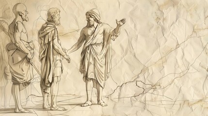 Fototapeta premium Biblical Illustration of the Master Rebuking Servant for Burying Talent, Beige Background, Copyspace