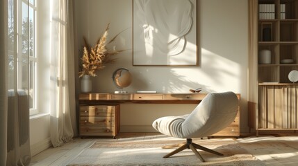 A minimalist workspace with a sleek, modern desk, a stylish chair, and a few carefully selected decorative items, bathed in natural light from a nearby window.