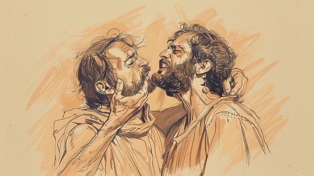 Parable of the Unforgiving Servant Illustration: Servant Confronting Fellow Servant, Beige Background, Biblical Copyspace