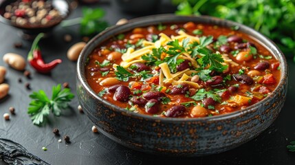 A bowl of chili with beans and cheese, set on a dark textured background with ample copy space