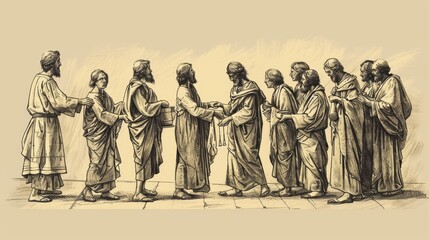 Fototapeta premium Parable of the Ten Minas Illustration: Servants Managing Money, Beige Background, Biblical Copyspace