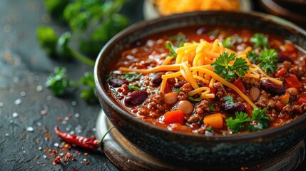 Bowl of Chili with Beans and Cheese: Set on Dark Textured Background with Ample Copy Space