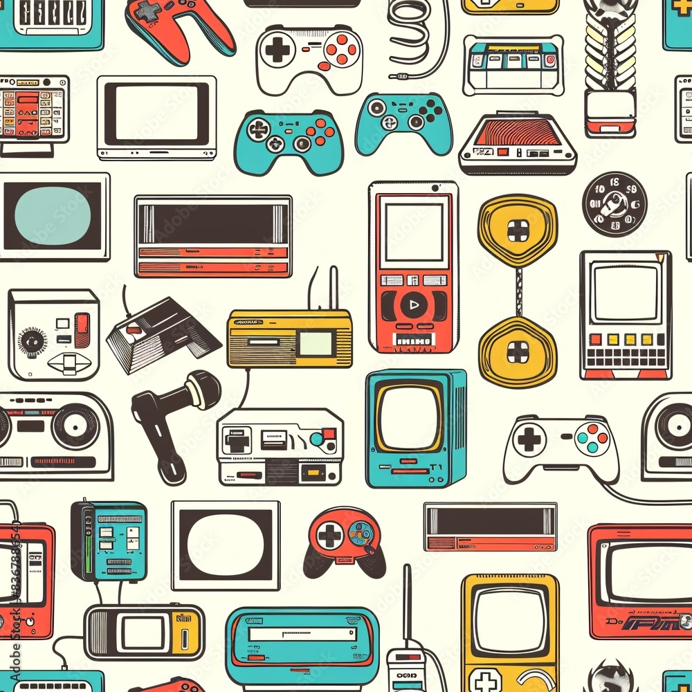Aufkleber a seamless pattern with a variety of retro technology including early computers, game consoles, and 