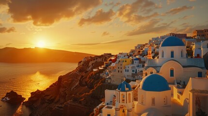 Fototapeta premium Stunning sunset over cliffside village with blue domed buildings overlooking the sea