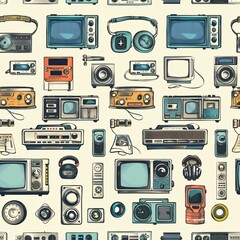 A seamless pattern of various retro devices, harmoniously blended to create an intricate and continuous layout