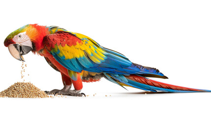 Obraz premium A colorful full-length macaw parrot eating grain on a white background, showcasing its vibrant feathers