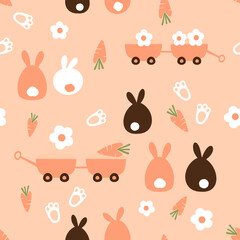 Seamless pattern with bunny rabbit cartoons, daisy flower, carrot, foot prints and garden cart  on orange background vector. Cute childish print.