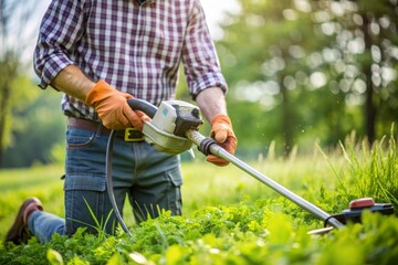 Close up of man hands on grass trimmer checking if machine is working properly, grass trimmer, man, hands, close up, maintenance, equipment, gardening, checking, inspecting, lawn care