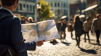 A city map mockup being unfolded by a traveler in the middle of a bustling urban square 