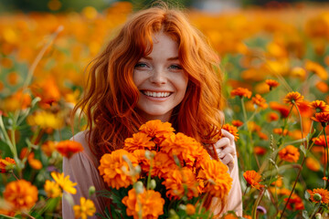 Naklejka premium portrait of a happy, smiling, red-haired woman with freckles and long hair with a large bouquet of orange flowers against the backdrop of a large flowering field