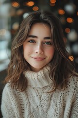 Obraz premium Portrait of a young woman in a cozy knitted winter sweater, smiling warmly Soft background, gentle lighting