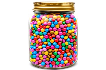 A jar full of colorful candies. The jar is clear and the candies are of different colors