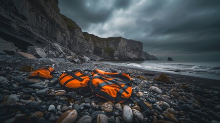 Set of life jackets left abandoned on a stoney beach in England, with high cliffs in background and...