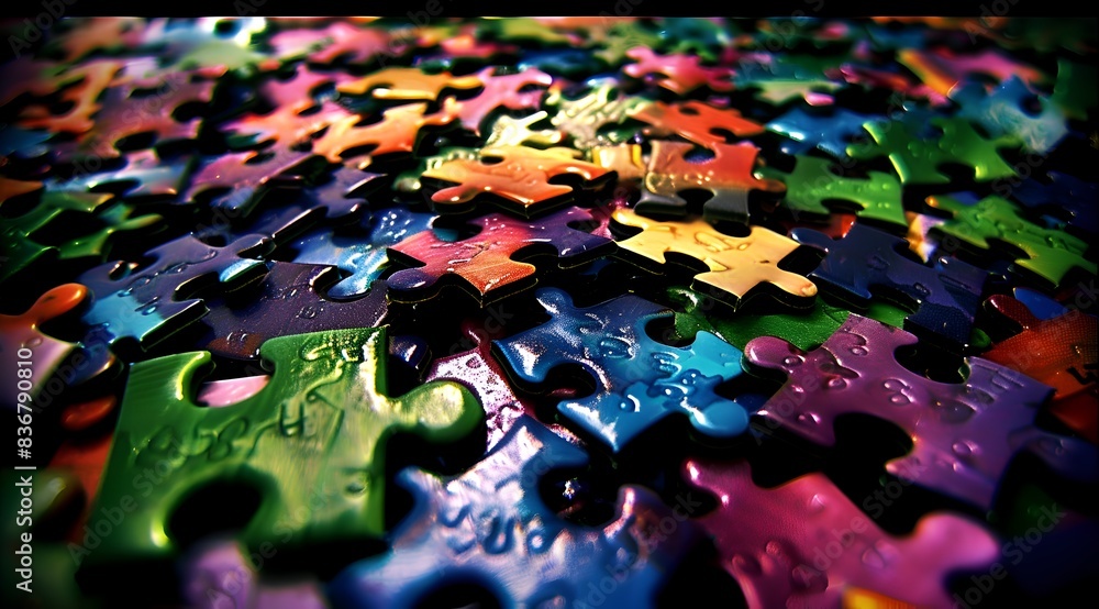 Poster a jigsaw puzzle with many pieces of different colors. concept of chaos and disarray, as the pieces a