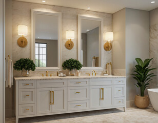 a high-quality 3D render of a luxurious bathroom featuring a spacious vanity with two sinks and a large mirror. Use premium materials such as marble countertops, sleek fixtures, and a glass-enclosed