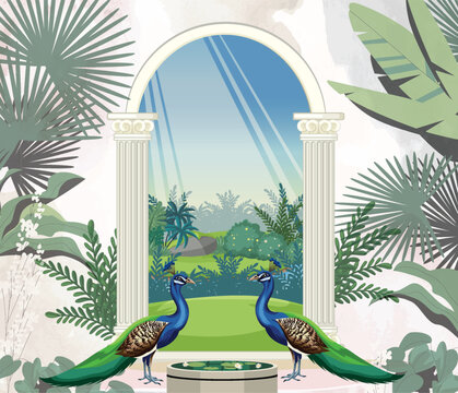 Mughal garden arch, plant, peacock illustration. Traditional Islamic vector pattern design for invitation