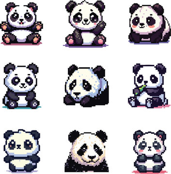 set collection cute cartoon mascot panda pixel art 8bit vector