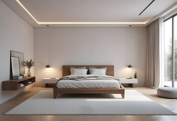 Modern minimalist bedroom. contemporary interior. 