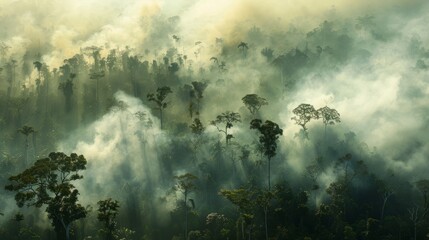 The forest is shrouded in smoke creating a thick haze that obscures the trees and landscape below