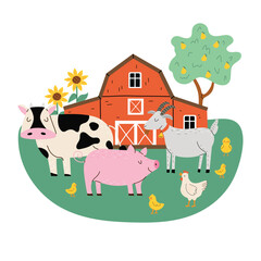 Farm with barn, cow, pig, goat, chickens, chickens, tree and sunflowers. Vector illustration with white isolated background.