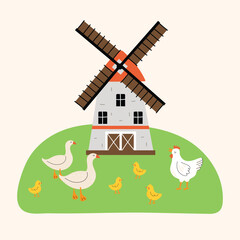 Mill, geese and chickens on grass. Farm. Vector illustration in flat style. White isolated background