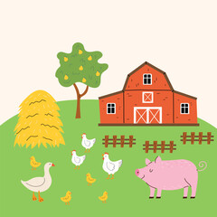 Cute farm vector illustration. Barn, pig, haystack, chickens, goose. Children's illustration with farm animals. Farm landscape.