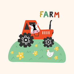 Children's vector illustration with cute tractor and cow. Farm lettering in the hand drawn style. Print for kids clothes. Farm theme.