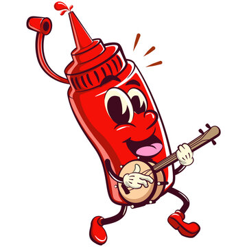 recommend clip art: vector vintage illustration of cute ketchup bottle mascot character playing the banjo musical instrument, work of hand drawn