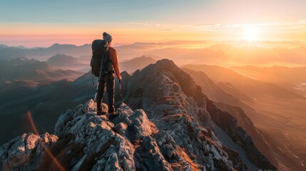 Triumphant Hiker on Mountain Summit at Sunrise