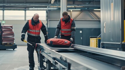 Two men in work attire stand next to a conveyor belt, loading luggage at an airport