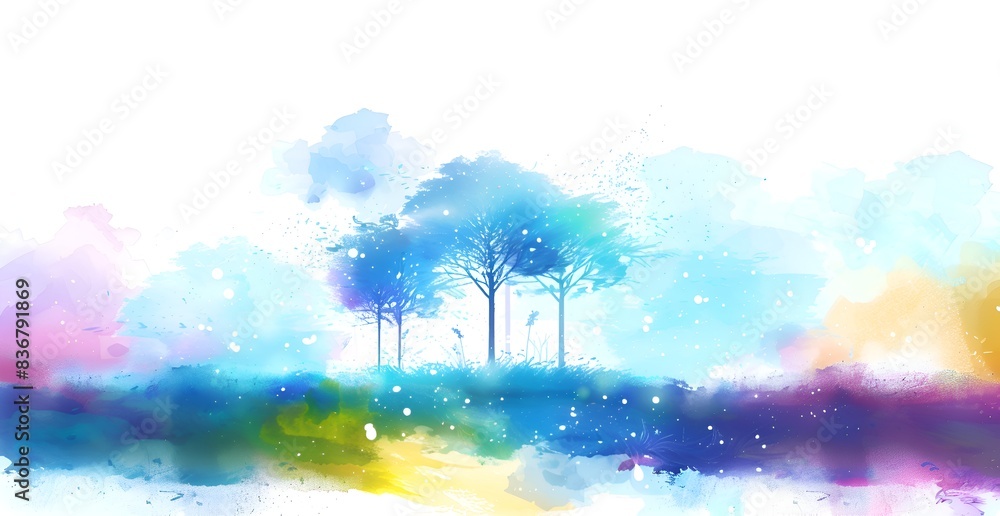 Poster a painting of a forest with trees in various colors. the trees are scattered throughout the painting