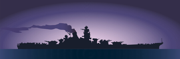 illustration of a warship silhouetted against the sea in deep purple tones for your naval military designs