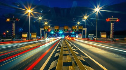 A long exposure photograph captures the vibrant streaks of light from traffic passing through a...